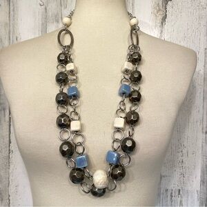Beautiful Signed Made In Italy Chunky Beaded Double Strand Silver Tone Necklace